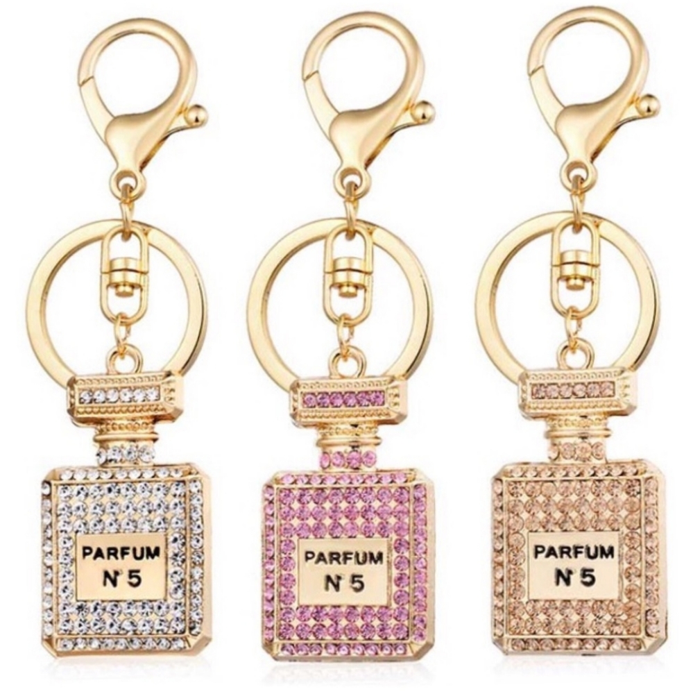 Lot of 3 Parfum Keychains No. 5 Gold Cubic Zirconia Cute Purse Charm Accessories - Picture 2 of 7
